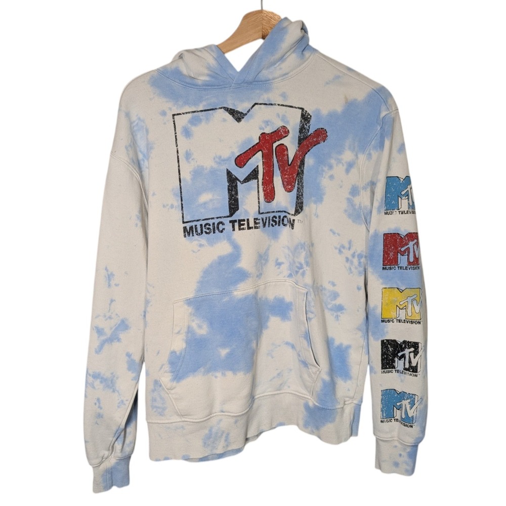 VTG MTV Music Television Tie Dye Hoodie Blue White Graphic Logo Sweatshirt Sz S